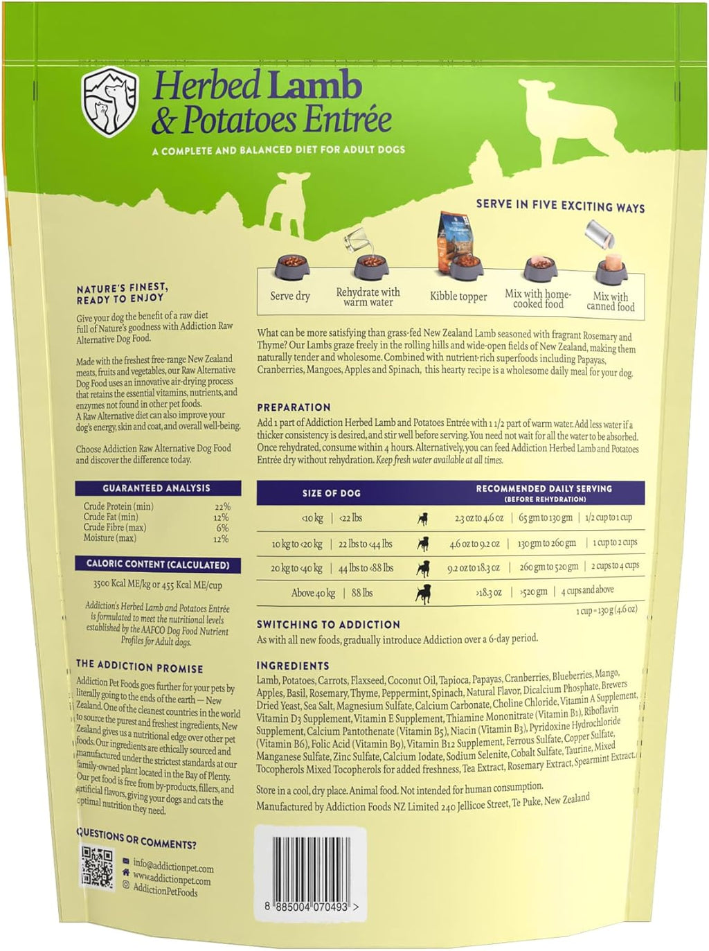 Addiction Herbed Lamb & Potatoes Air-Dried Grain-Free Dog Food – Complete Meal or Topper with Natural Ingredients for Digestive and Skin & Coat Health, 2lb - 4 Packs