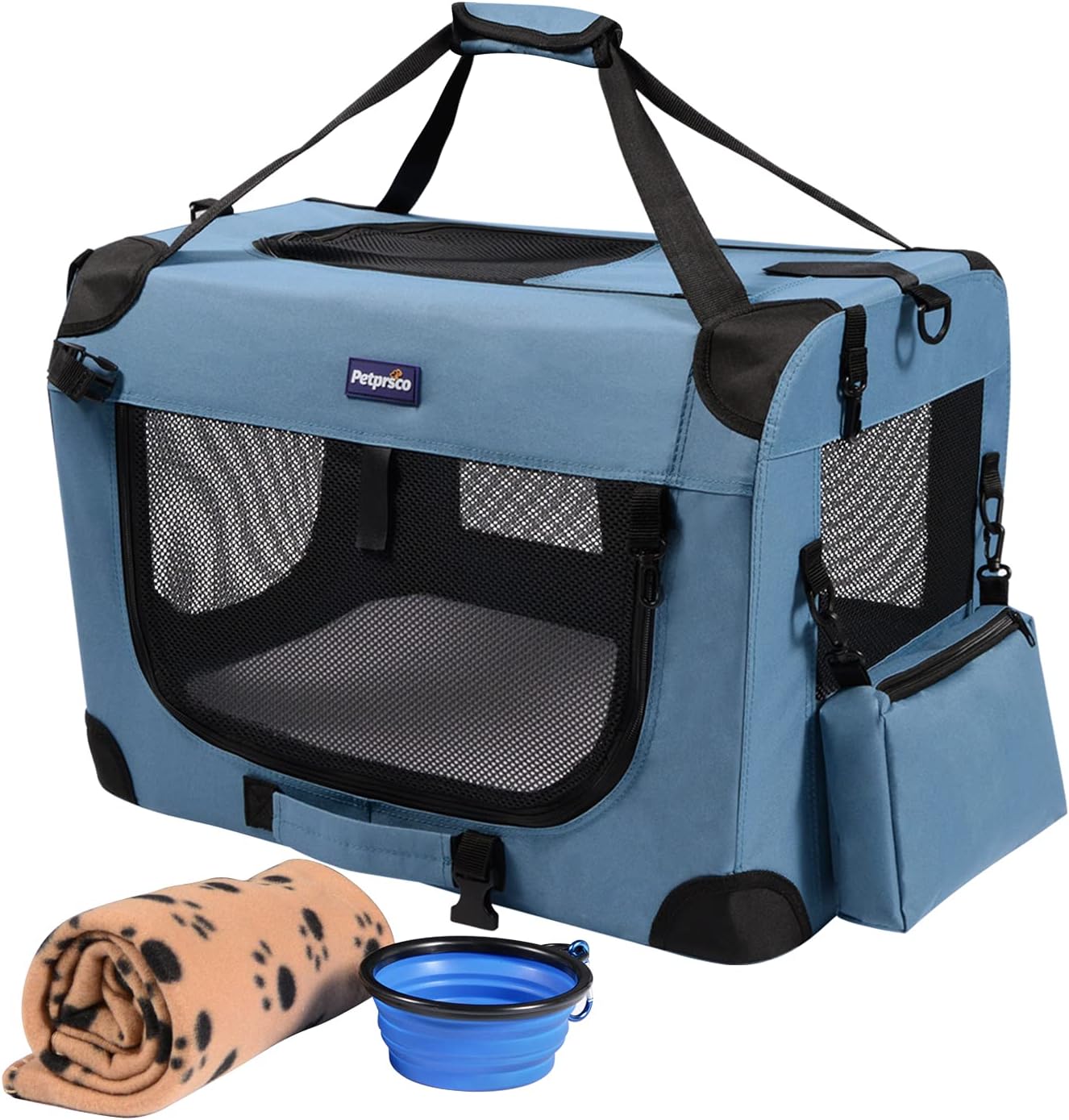 Petprsco Portable Collapsible Dog Crate, 24" Soft Dog Crate for Car Travel | Includes Mat, Blanket & Bowl, Strong Fabric, 4-sided Mesh Vents, 3 Doors, Fit Small Dogs & Large Cats Indoor and Outdoor Use