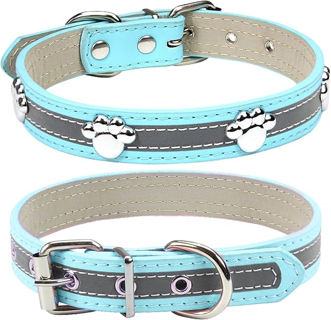 PETCARE Reflective Dog Collar with Cute Paw Rivet Studded Funny Soft PU Leather Adjustable Puppy Dog Collars for Small Medium Large Dogs Cats (Blue,Large)