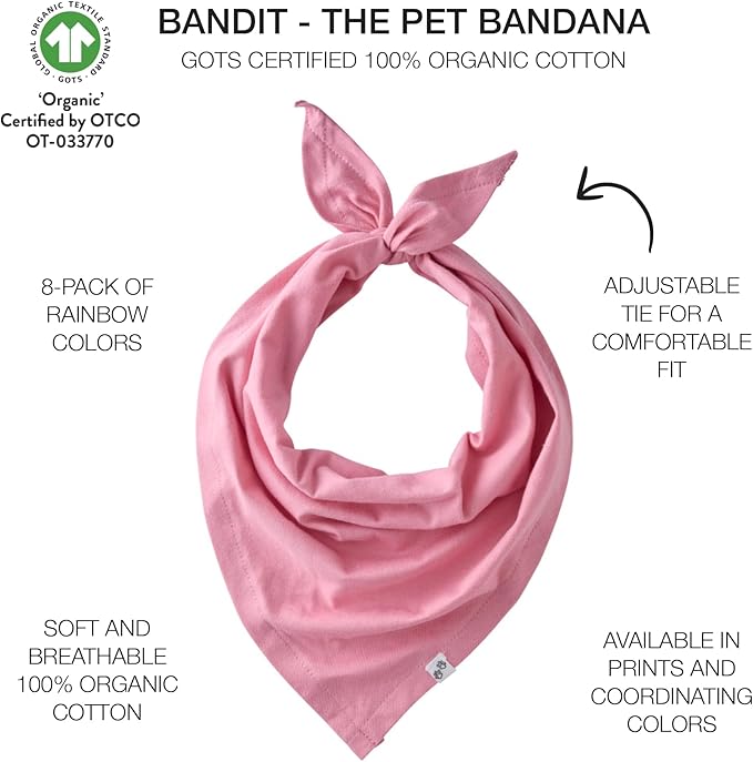 Bandit - The PET Bandana, 8 Pack 100% Organic Cotton Pet Bandanas Clothes for Small, Medium, Large Dogs, Rainbow Pink, Medium/X-Large