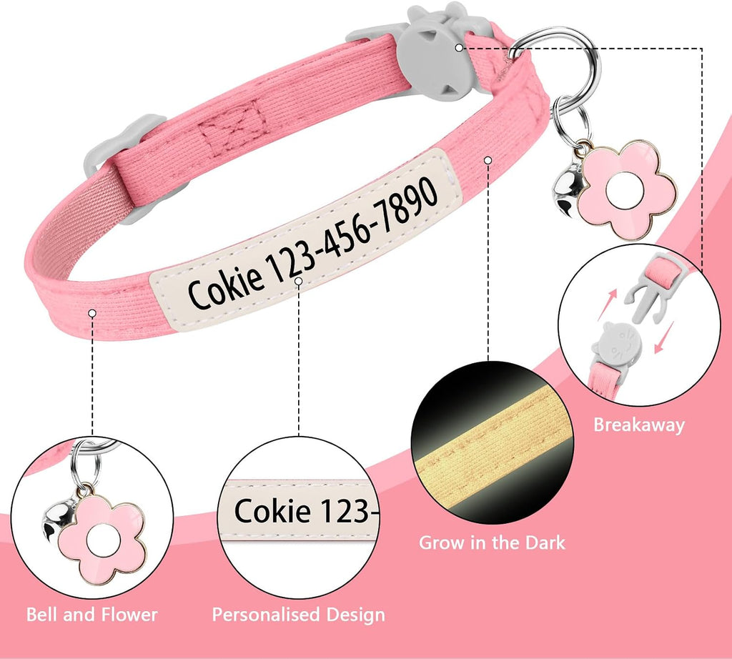 Personalised Glow in the Dark Cat Collar with Bell Flower Decoration, Custom UV-Printed Name & Phone Number, Luminous Adjustable Cat Collar Breakaway (UV-Printed)
