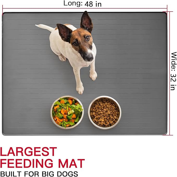 48" x 32" Largest Pet Food Mat, XXXL Silicone Dog Mats for Food and Water, Nonslip Pet Feeding Mats for Floors,Dog Cat Bowl Mat with Raised Edges, Lake Blue