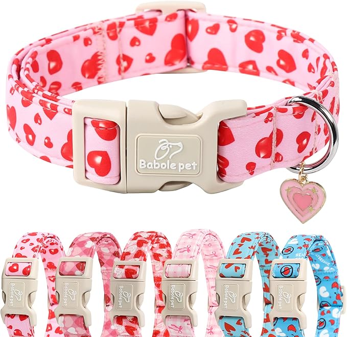 Valentines Dog Collar, Cute Pink Dog Collar with Red Heart Printed, Comfortable Girl Puppy Collar with Quick Release Plastic Buckle, Large