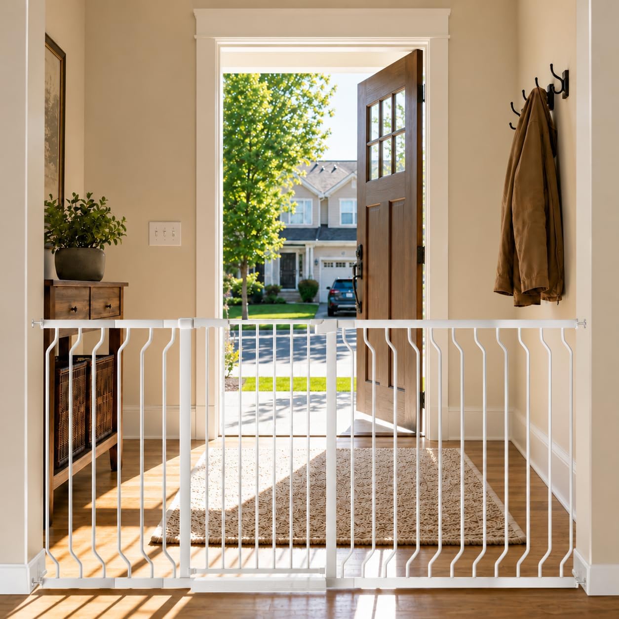 Extra Tall Baby and Dog Gate, 40.55" H, 57.48"-73.62" W, White | Extra tall baby and dog gate with pressure mount, auto close, stay-open function, dual lock and one-hand adult access.