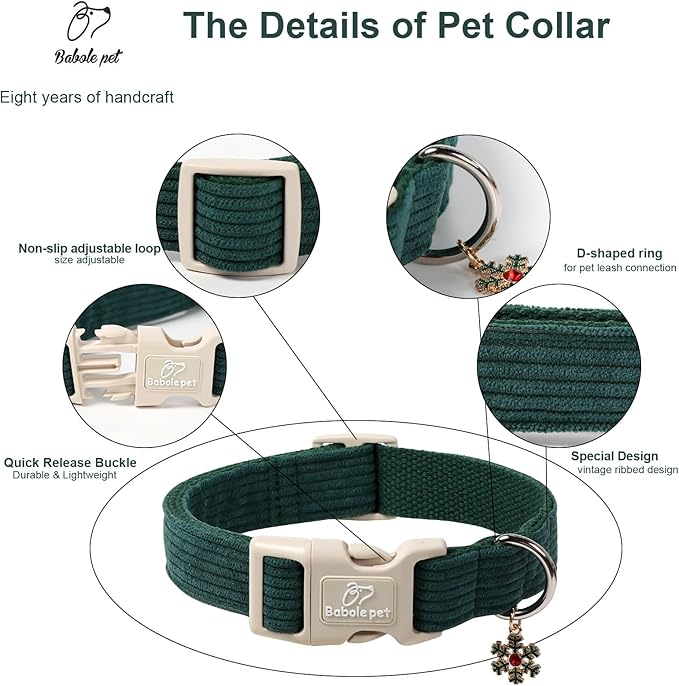 Cute Corduroy Dog Collar - Forest Green Adjustable Dog Collars for X-Small Dogs 4-10lbs, Fade-Proof with Secure Snap & Little Charm, Christmas Birthday Gift, XS