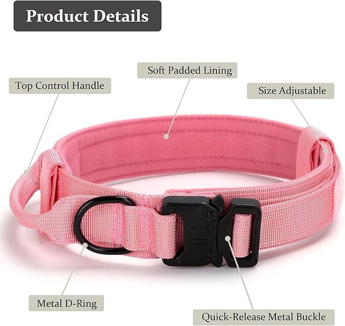 Tactical Dog Collar, Adjustable Military Training Nylon Dog Collar with Control Handle and Heavy Quick-Release Metal Buckle for Small Medium Large Dogs, Light Pink M