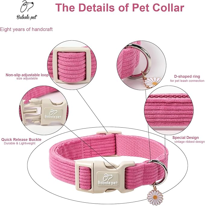 Cute Corduroy Dog Collar - Deep Rose Adjustable Dog Collars for Medium Dogs 25-50lbs, Fade-Proof with Secure Snap & Little Charm, Christmas Birthday Gift, M