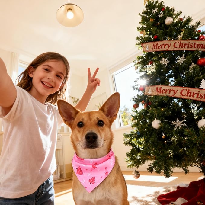 PAWCHIE Christmas Dog Bandanas 4 Pack,Reversible Dog Party Triangle Scarf Bibs, Pet Holiday Costume with Adjustable Snaps,Multiple Christmas-Themed Patterns for Small Dogs Puppy,Cats Pets,Pink S