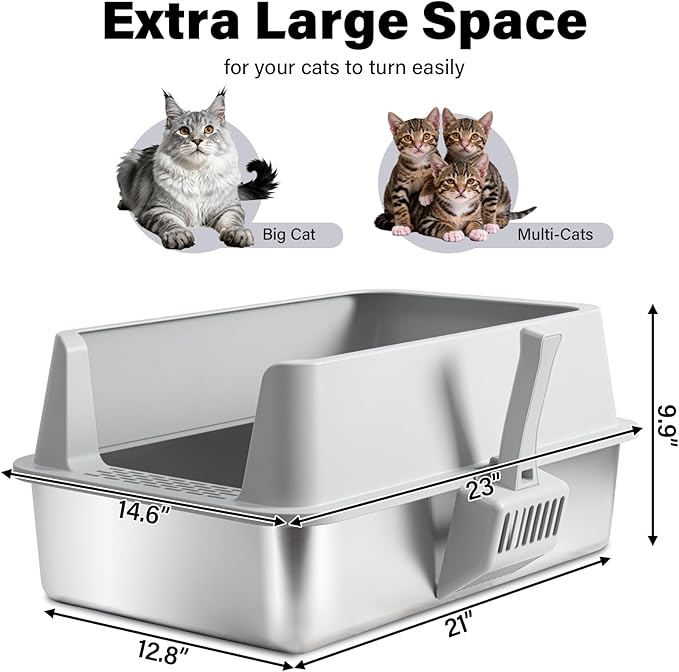 Stainless Steel Litter Box, XL Metal Litter Box with Lid, Extra Large Cat Litter Boxes for Big Cats with High Sides, Easy Cleaning, Non Stick, No Smell, Include Scoop and Mat