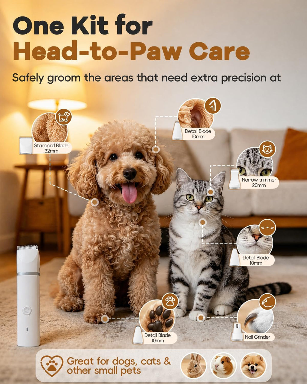 Veeconn 4 in 1 Dog Clippers Grooming Kit with Paw Hair Trimmer for Cat Pet | Low Noise, 7500RPM Powerful, IPX7 Waterproof, Safe & Easy for Beginners, 4 Guide Combs, Cordless Dog Shaver & Nail Grinder