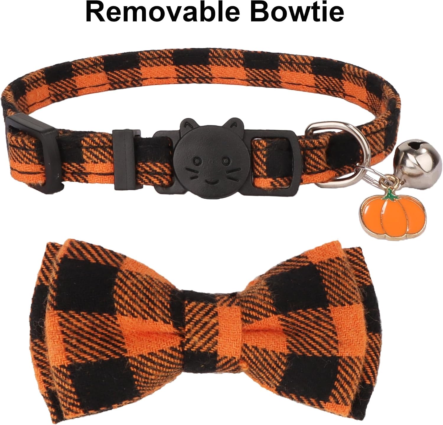 Fall Cat Collar Breakaway, Orange Plaid Thanksgiving Cat Bow Tie | Detachable Bowtie Bell, Cute Autumn Charm, Breakaway Buckle, Adjustable, For Cat Kitten, Fall Thanksgiving Holiday Party