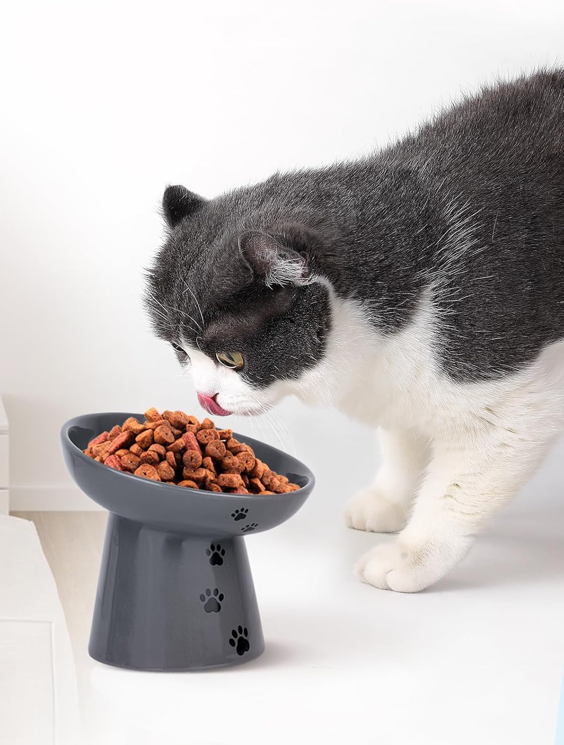 Y YHY Slow Feeder Cat Bowl, Ceramic Cat Slow Feeder Bowl, 6 Inches, Elevated, Anti Vomiting for Dry and Wet Food, Gray