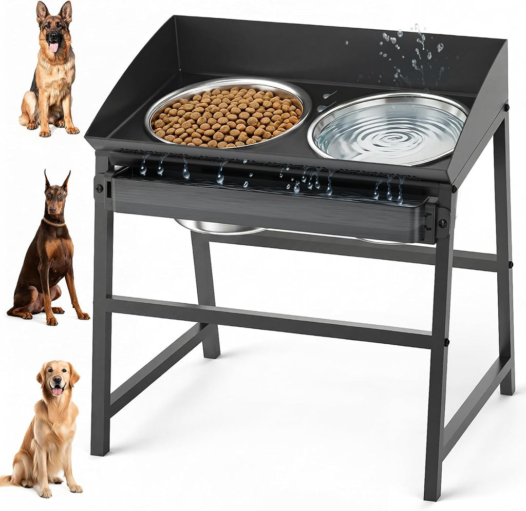 Bobbie & Laxi 15" Tilted Elevated Dog Bowl, Spill-Proof with Plastic Guard | Raised Dog Bowl with Stand;Stainless Steel Dog Food Bowl & Water Bowl Set with Raised Splash Wall;Easy Clean Large Dog Bowl