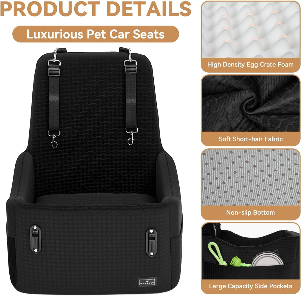PETSFIT Dog Car Seat with Patented Safety System, 5" Elevated Cushion | Fully Detachable Washable Cover, Memory Foam Dog Booster Car Seat for Small/Medium Dogs Up to 35 Lbs with Safety Belt