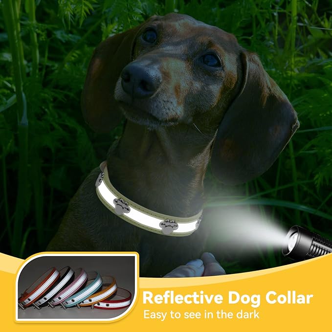 PETCARE Reflective Dog Collar with Cute Paw Rivet Studded Funny Soft PU Leather Adjustable Puppy Dog Collars for Small Medium Large Dogs Cats (Yellow,X-Large)