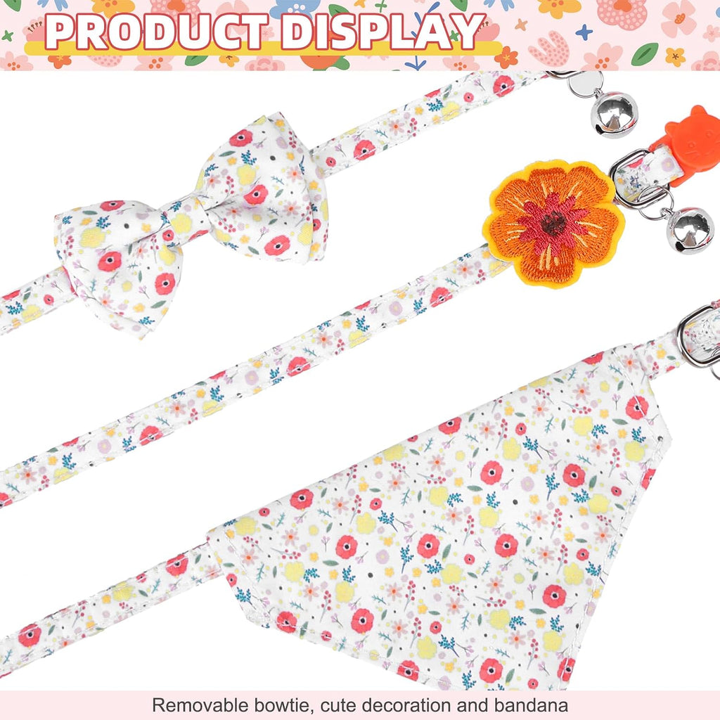 Summer Cat Collar Breakaway with Bells and Bowtie, 2 Pack Cute Leather Cat Bandana Collar with Safety Buckle Adjustable Size for Small Kitten Boys Girls, White+Orange Flower