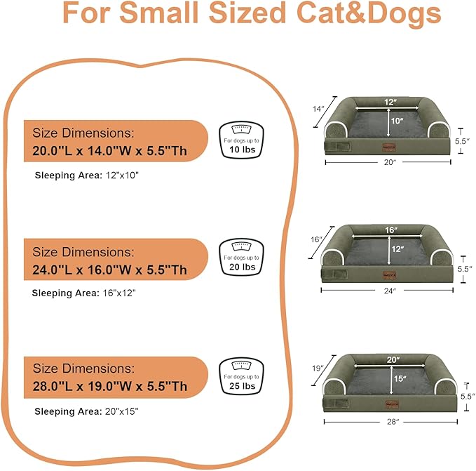 Small Dog Bed Orthopedic Washable: Beds Bolster Small Sized Dogs Cats Bed Egg Crate Foam Couch Sofa Waterproof with Removable Cover - Dark Green