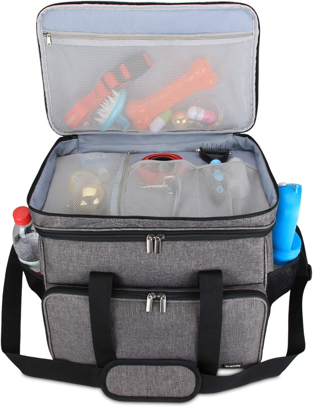 Teamoy 2 Layer Dog Travel Bag, Pet Supplies Weekend Tote Organizer, Gray | Large Dog Bag for Supplies with 2 Silicone Collapsible Bowls, 2 Food Carriers, 1 Water-Resistant Placemat