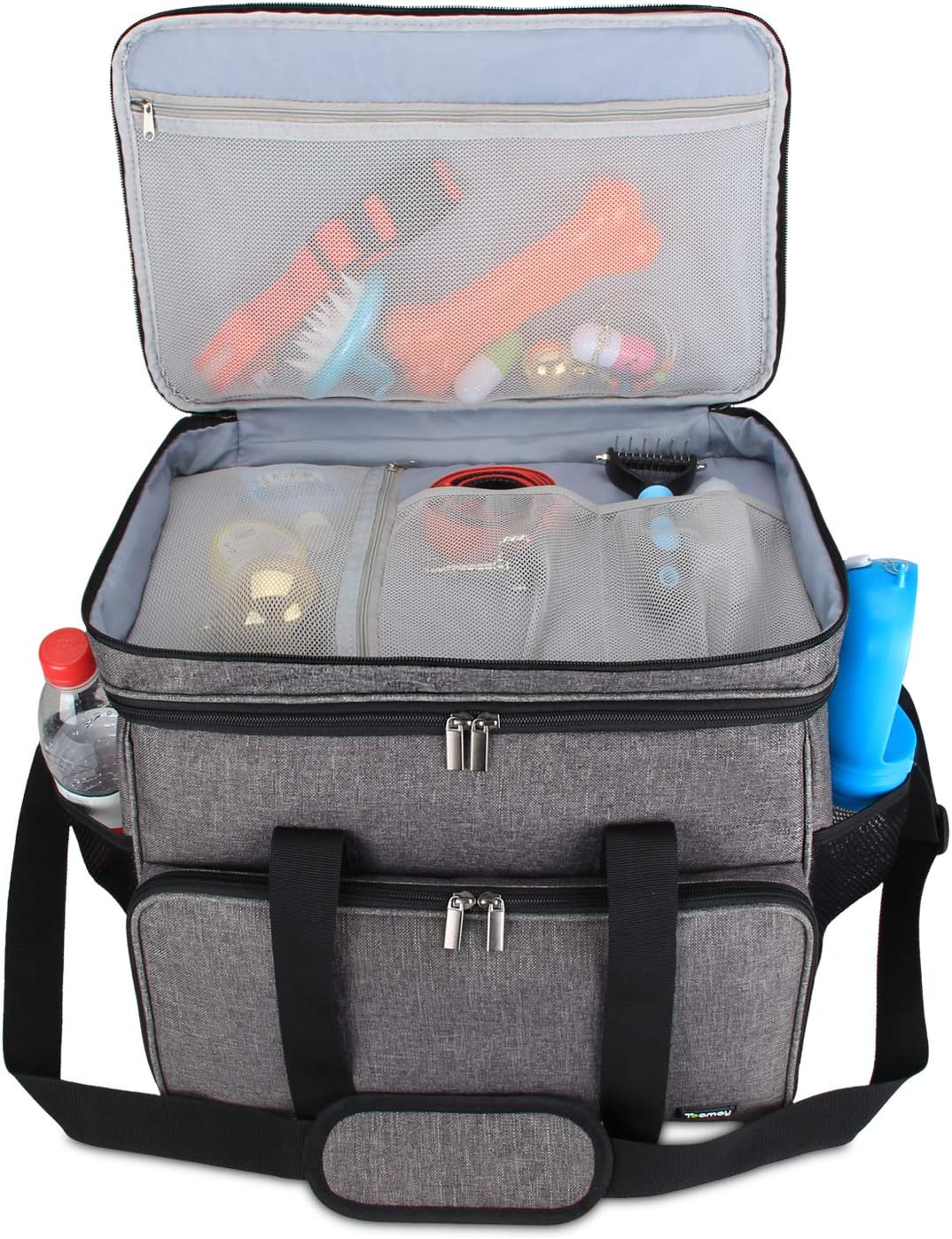 Teamoy 2 Layer Dog Travel Bag, Pet Supplies Weekend Tote Organizer, Gray | Large Dog Bag for Supplies with 2 Silicone Collapsible Bowls, 2 Food Carriers, 1 Water-Resistant Placemat