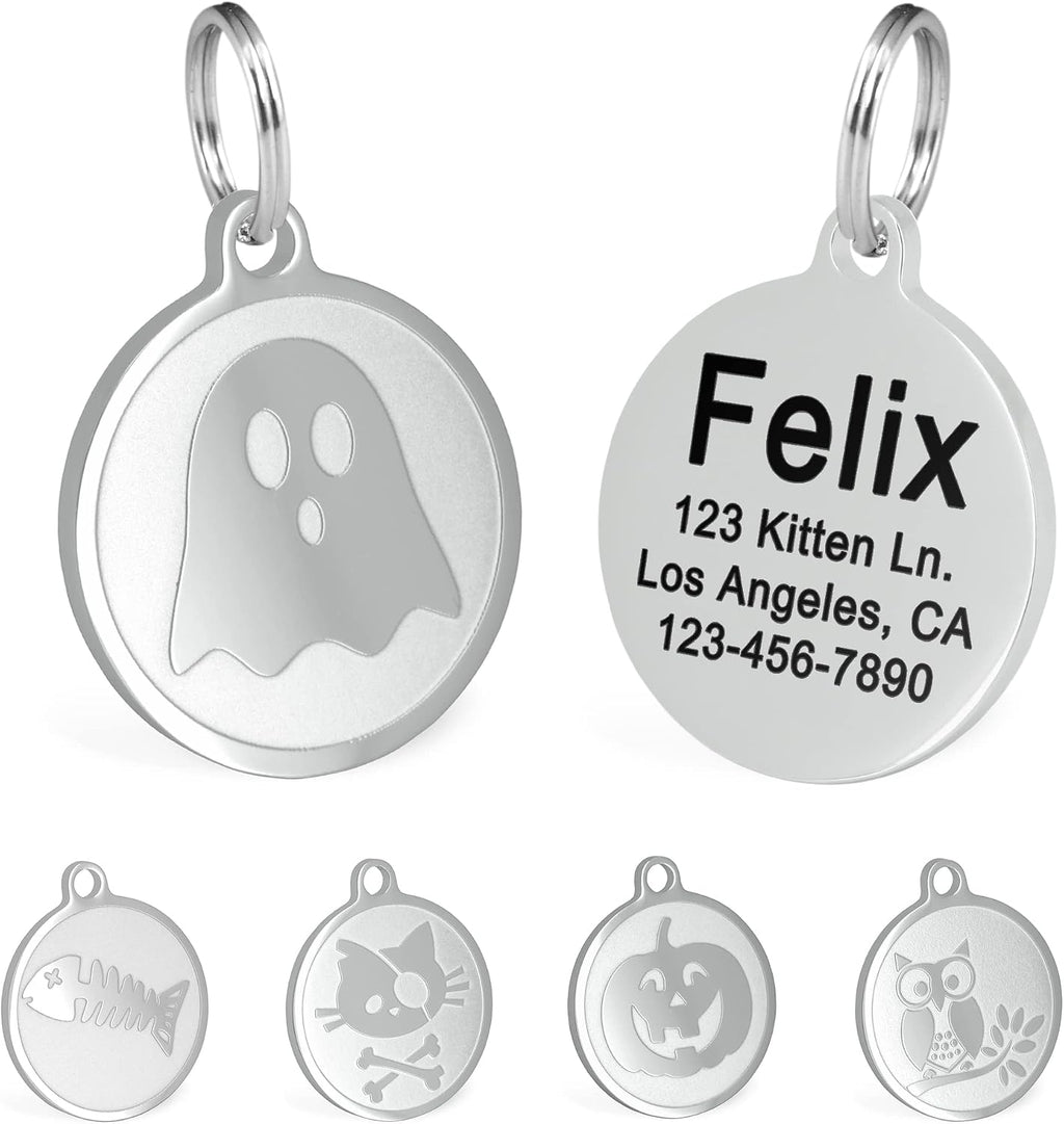 Engraved Cat Name Tags Personalized - Stainless Steel Name Tag Pet Identification - Small Dog ID Tags Personalized for up to 4 Lines of Text - Pet ID Tags for Cat Collar - Ghost