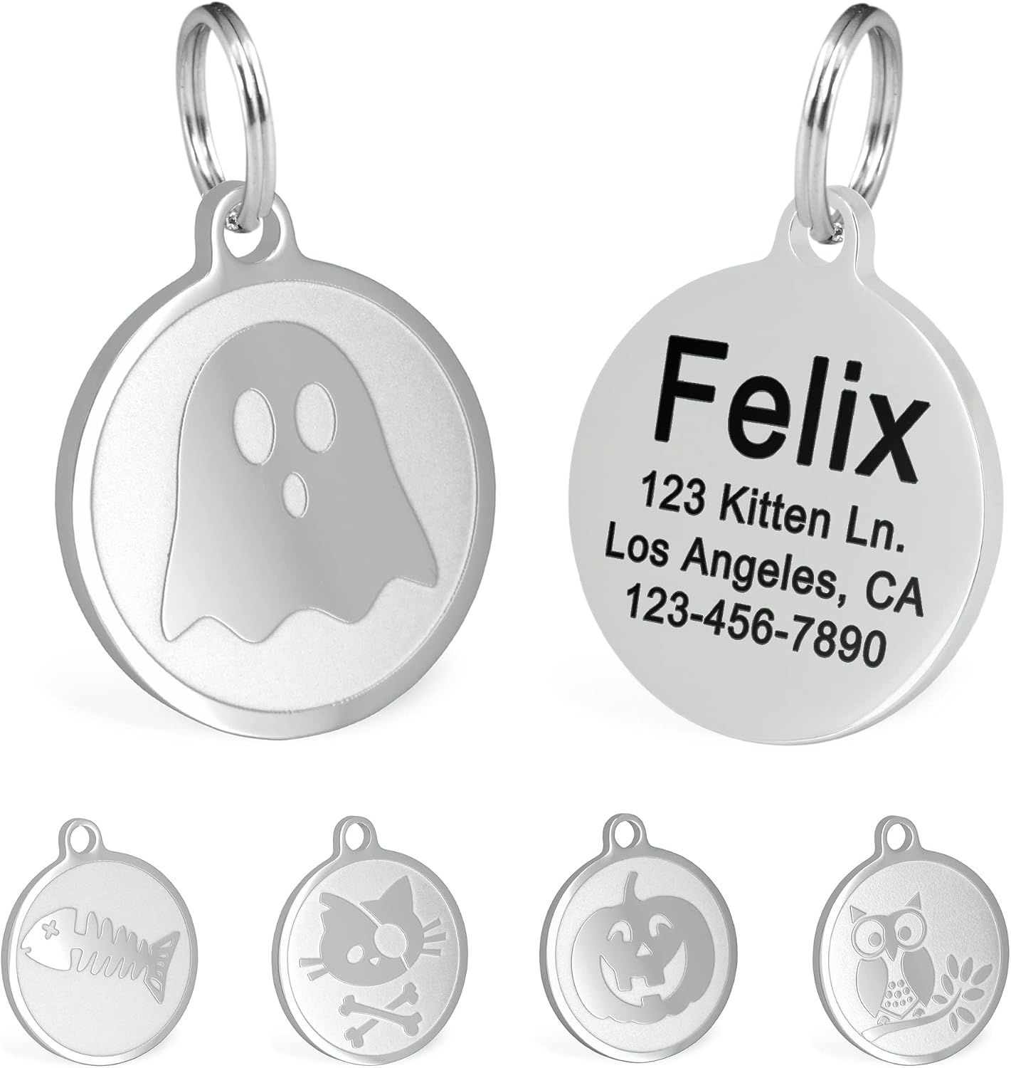 Engraved Cat Name Tags Personalized - Stainless Steel Name Tag Pet Identification - Small Dog ID Tags Personalized for up to 4 Lines of Text - Pet ID Tags for Cat Collar - Ghost