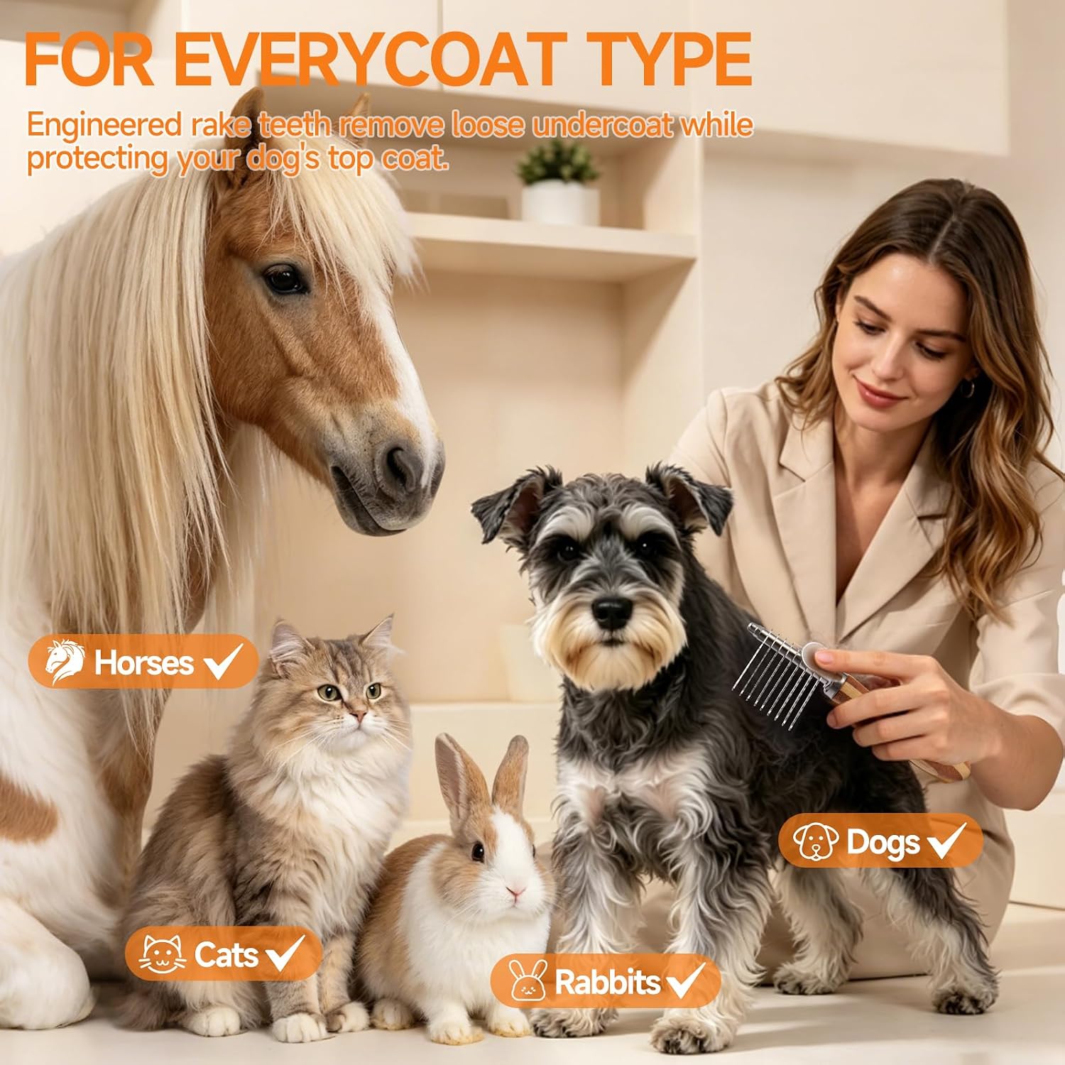 Pet Dematting Comb with Bamboo Handle, Dog Cat Grooming Brush for Removing Mats, Knots, Tangles & Loose Fur, Stainless Steel Undercoat Rake for Long & Short Haired Pets