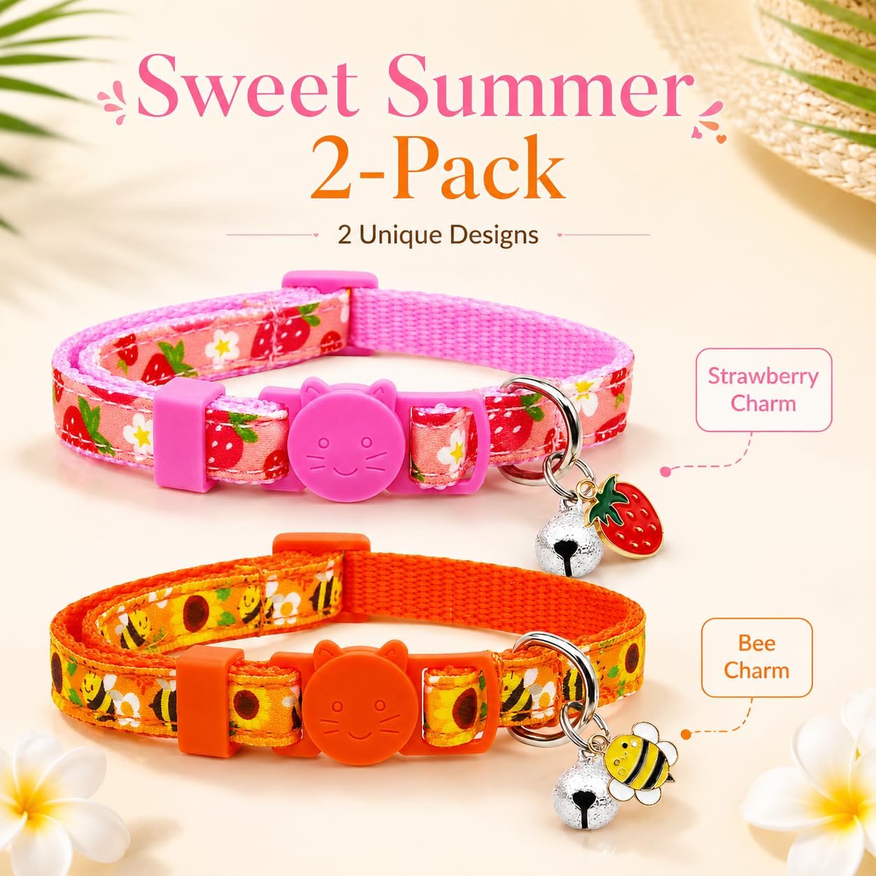 Summer Cat Collar 2 Pack Strawberry Bee Breakaway Cat Collars with Bell & Charm, Adjustable 7.8-12.8 in Soft Cute Kitten Collars for Cats Kittens