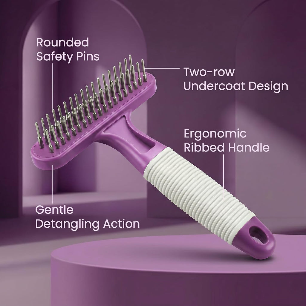 Poodle Pet Dog Grooming Rake| Dematting Tool with Stainless Steel Shedding Comb for Pets | 2 Rows of Pins Gently Remove Loose or Tangled Hair from Undercoat | Purple Handle