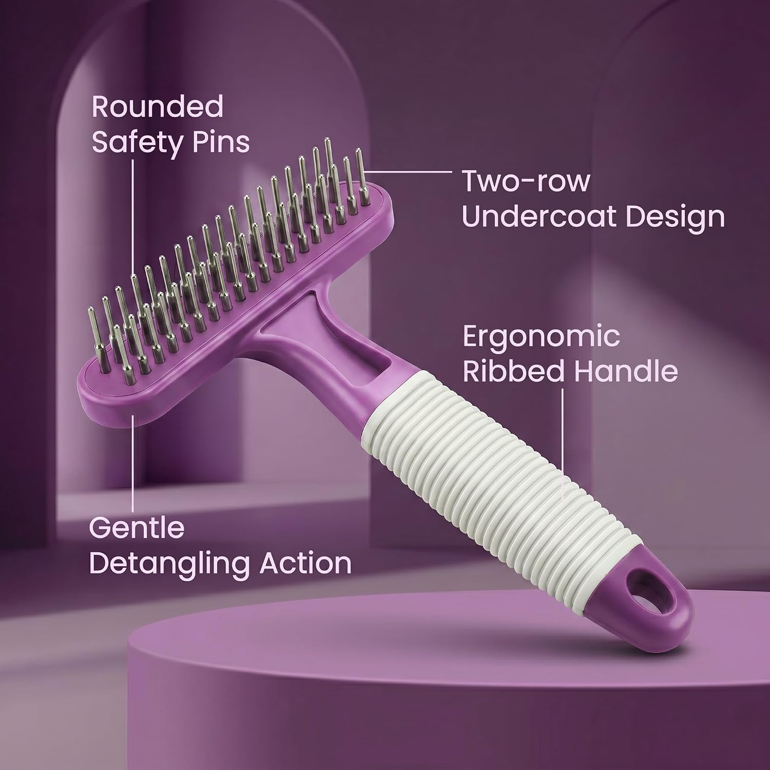 Poodle Pet Dog Grooming Rake| Dematting Tool with Stainless Steel Shedding Comb for Pets | 2 Rows of Pins Gently Remove Loose or Tangled Hair from Undercoat | Purple Handle