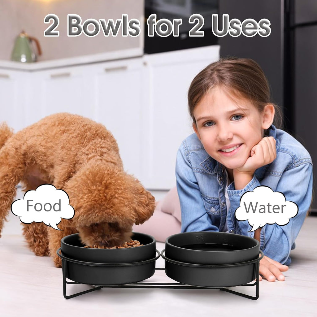 Ceramic Cat Bowl Set with Stand, 13.5oz Dog Food and Water Bowl Suitable for Small and Medium Pets (1.7 Cups, Black x 2)