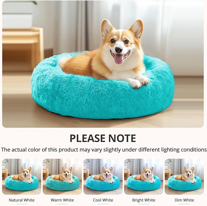 JOLLYVOGUE Calming Dog Bed Medium Size Dog, Anti-Anxiety Donut Medium Pet Bed, 31 inches Fluffy Faux Fur Round Cat Bed, Fits up to 45 lbs Pets (Aqua Blue)