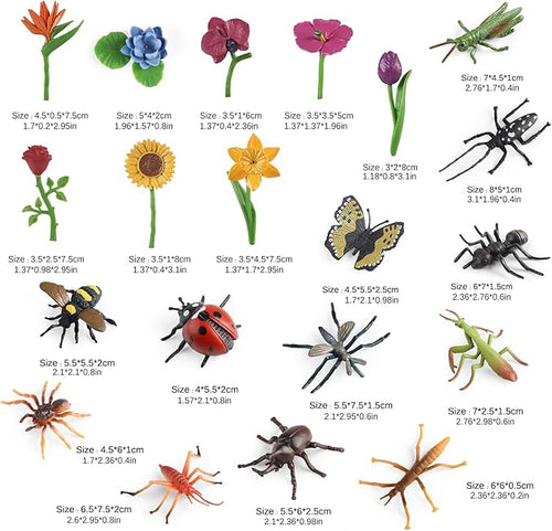 20Pcs Insect Toy Fake Plastic Bugs Figures for Kids - Flower Ladybug Bee Butterfly Ant Cricket Mantis Scorpion Spider School Project Birthday Cake Topper Party Favors April Fool's Day Prank Gifts