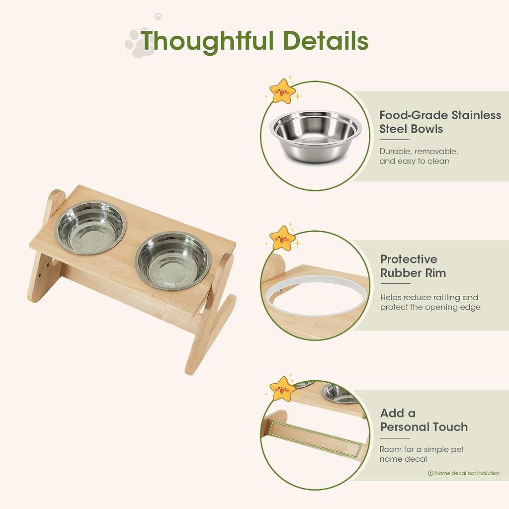 Solid Birch Wood Elevated Dog Bowl Stand for Large & Medium Dogs | Raised Dog Bowl Stand, 3 Heights, 10° Angled Top, Water-Resistant Finish, 2 Stainless Bowls, 8" Openings