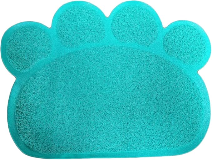 PVC Pet Dog Cat Puppy Kitten Dish Bowl Food Water Feeding Placemat, Non-Slip Cat Litter Mat Paw Shape, Blue Small