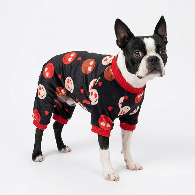 Fitwarm Hearts Eyes Smily Face Dog Pajamas, Cozy Valentines Outfit for Small Dogs Boy Girl, Festive Pet Clothes, Black, Red, Small