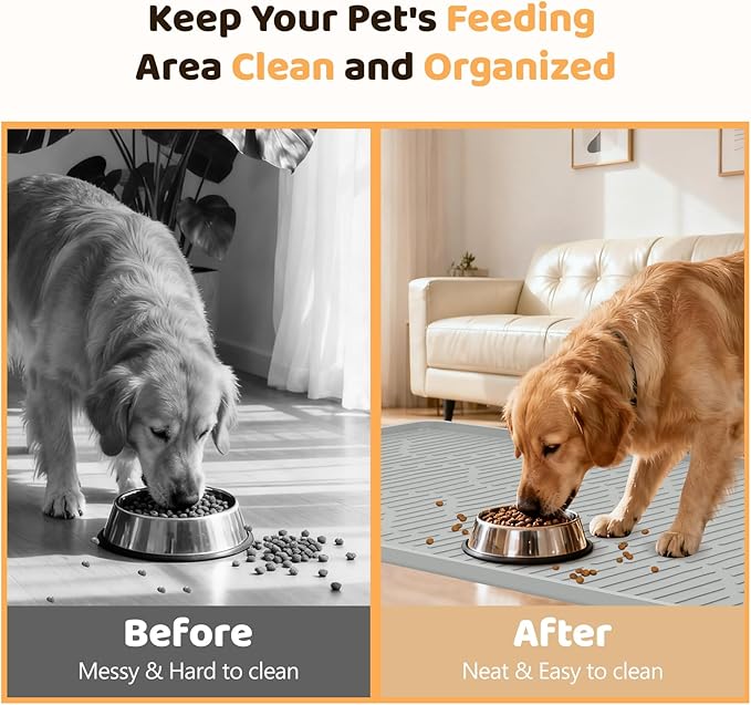 Silicone Cat & Dog Food Mat, 24" x 24" Large Pet Feeding Mat for Cats and Dogs Bowl, Pet Placemat for Food and Water with Raised Edge, Waterproof, Leakproof (Grey)