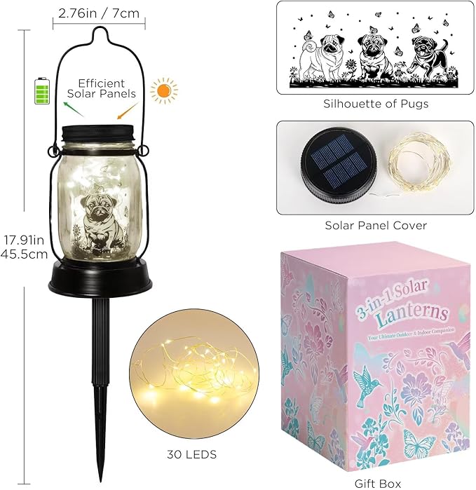 kyoryuger Pug Dog Gifts for Women/Men Pug Dog Solar Lanterns Mom Birthday Gift Pet Loss Lantern Pet Memorial Lights Solar Garden Decoration for Yard, Patio,Backyard,Porch Torches