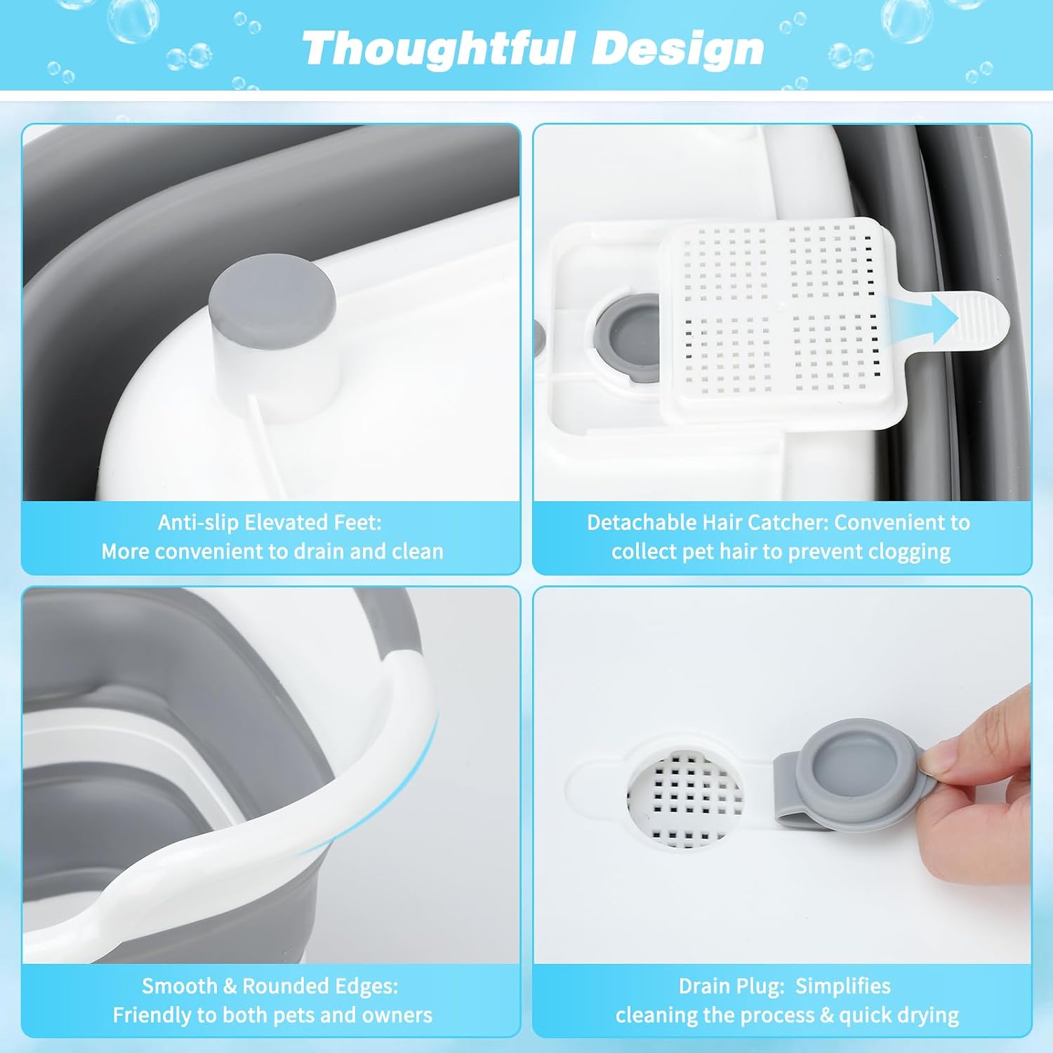FHTONGE 7.13 Gal/27L Raised Collapsible Dog Bathtub with Drain Fur Catcher | Multifunctional Pet Washtub for Small to M Dog, Portable Puppy Tub Cat Shower Basin Laundry Basket Storage Organize Bucket
