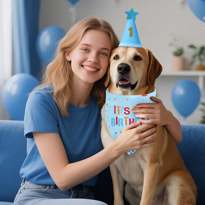 Dog Birthday Party Supplies with Hat Bandana Numbers, Light Blue Dog Birthday Set for Large Medium Pets Puppy Boy