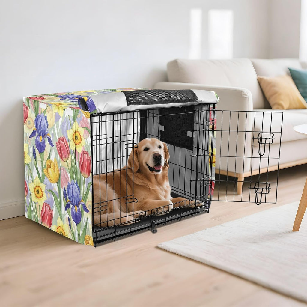 Bright Spring Flowers Dog Crate Cover 600D Oxford Heavy Duty Kennel Cover Mesh Window Soundproof Waterproof Sunshade Universal Fit for 42 inches Wire Cage