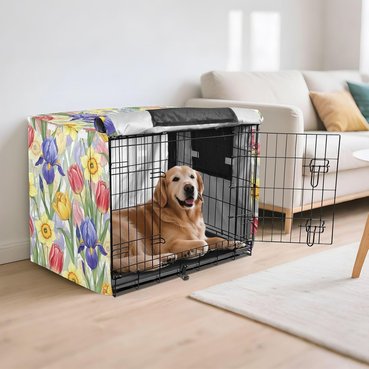 Bright Spring Flowers Dog Crate Cover 600D Oxford Heavy Duty Kennel Cover Mesh Window Soundproof Waterproof Sunshade Universal Fit for 42 inches Wire Cage