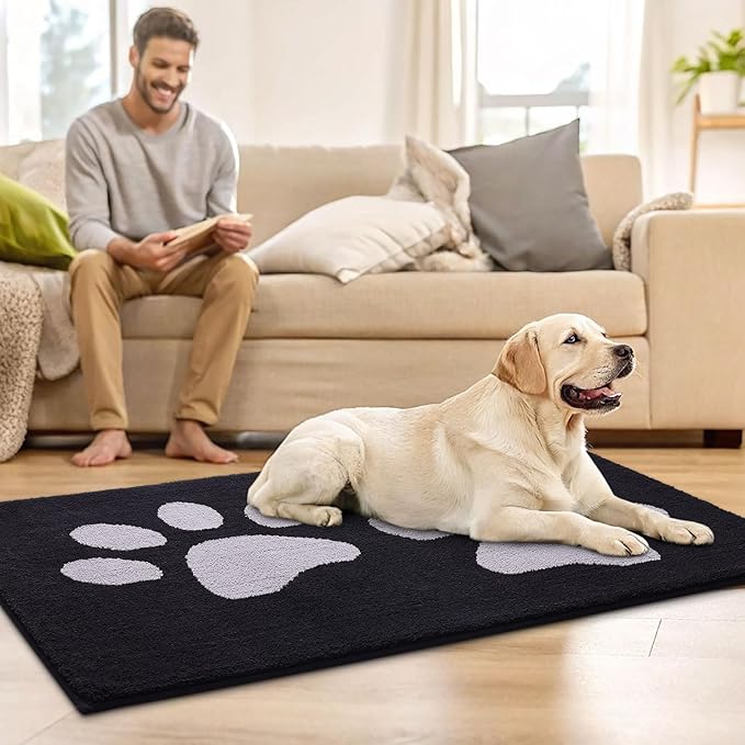 Buganda Dog Door Mat for Muddy Paws, Absorbent Dirt Trapper Washable Indoor Doormats, Non Slip Low-Profile Mud Mat for Dogs, Front Entrance Doormat for Inside Floor (47x24 Inches, Black and Grey)