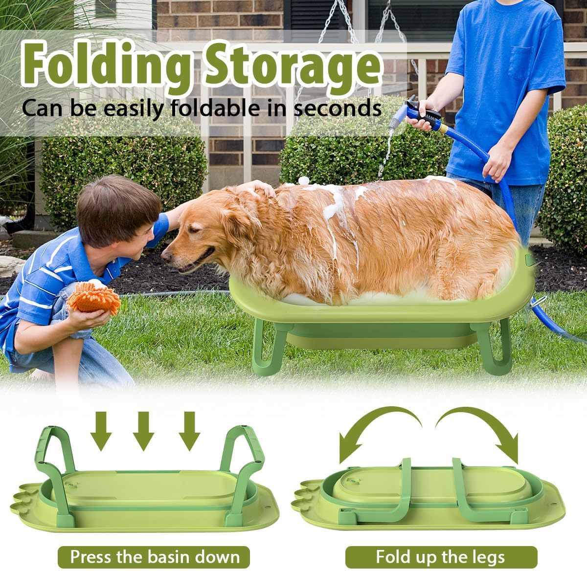 31" Foldable Dog Bath Tub, Portable Pet Washing Basin with Drain | Green, Non-Slip Bottom, for Small Medium Pets, Doubles as Dog Pool, Dries Fast, Patio & Balcony