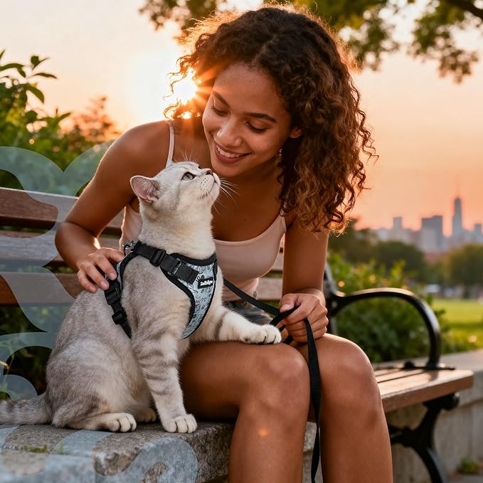 rabbitgoo Cat Harness and Leash for Walking, Escape Proof Soft Adjustable Vest Harnesses for Cats, Easy Control Breathable Reflective Strips Jacket, Doodle Gray,S
