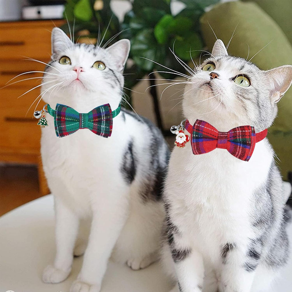 STMK 2 Pack Christmas Cat Collars With Bell, Breakaway Holiday Kitten Collars With Bowtie, Santa Tree for Cats Costumes Outfits (Red and Green)