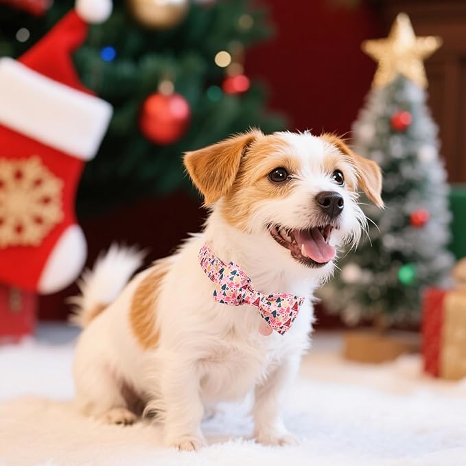 Christmas Dog Collar with Bow Tie, Pink Christmas Tree Collars for Dogs, Adjustable Pet Collar with Cute Xmas Tree Pendant, Winter Dog Accessories for Small Medium Large Dogs S