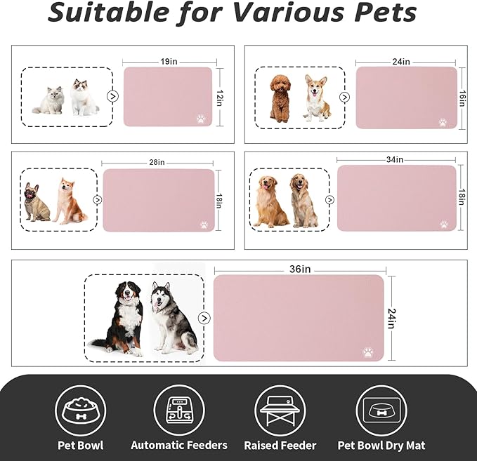 Dog Food Mat - Absorbent Cat Mat for Food and Water, No Stains Pet Feeding Bowl Mat, Easy to Clean Pet Placemats, Quick Dry Dog Water Dispenser Mat for Messy Drinkers | Paw Pink 24"x36"