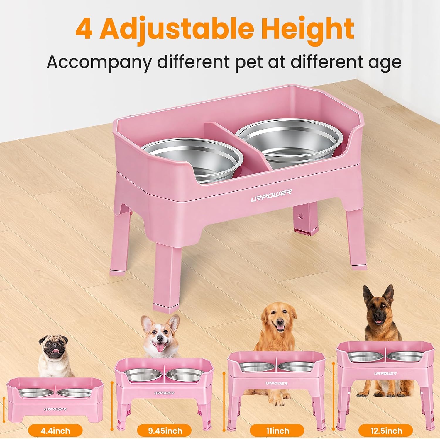 URPOWER 3-in-1 Elevated Dog Bowls - Double Deck Raised Dog Bowl Stand | 4 Adjustable Heights, 2 Stainless Steel Food Bowls, Mess Proof Licking Plate, Foldable Stand for Small Medium & Large Dogs