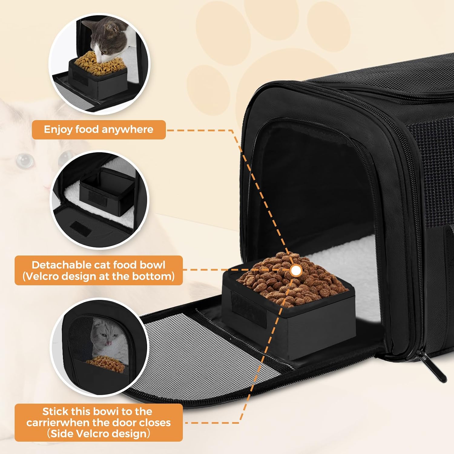 Large Soft Cat Carrier with Detachable Food Bowl,Pet Bag (Up to 28 lbs) | Puppy Kennel with Lockable Zippers for Small Dog, Kitten,Medium Travel Carrying Case for Car Airline Transport,Black