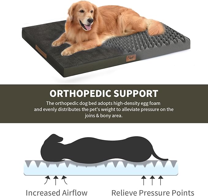 Large Comfy Washable Dog Bed, Orthopedic Egg Crate Foam Dog Crate Mat for Large Dogs with Removable Cover, 41x27 Inch, Coffee
